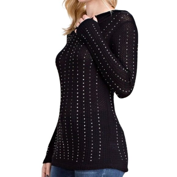 Black Long-Sleeve Sheer Knit Rhinestone Top - Picture 1 of 9